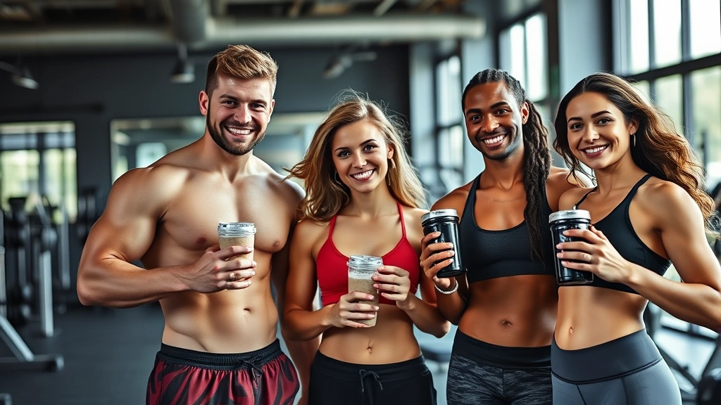 Athletic male and female fitness enthusiasts in modern gym setting, holding protein shakes and smiling, natural lighting, muscular builds, motivational energy, diverse representation