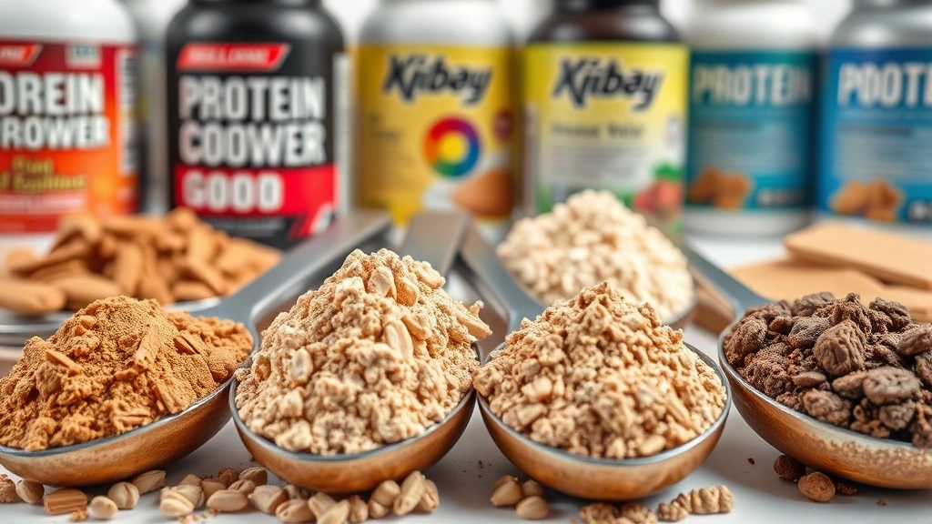 Close-up of protein powder scoops with different textures and colors, supplement containers in background, clean white surface, fitness-focused composition, photorealistic detail