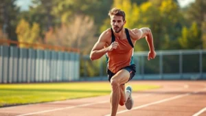 Athletic male sprinting at maximum intensity on outdoor track, muscles engaged, determined expression, morning sunlight, professional sports photography