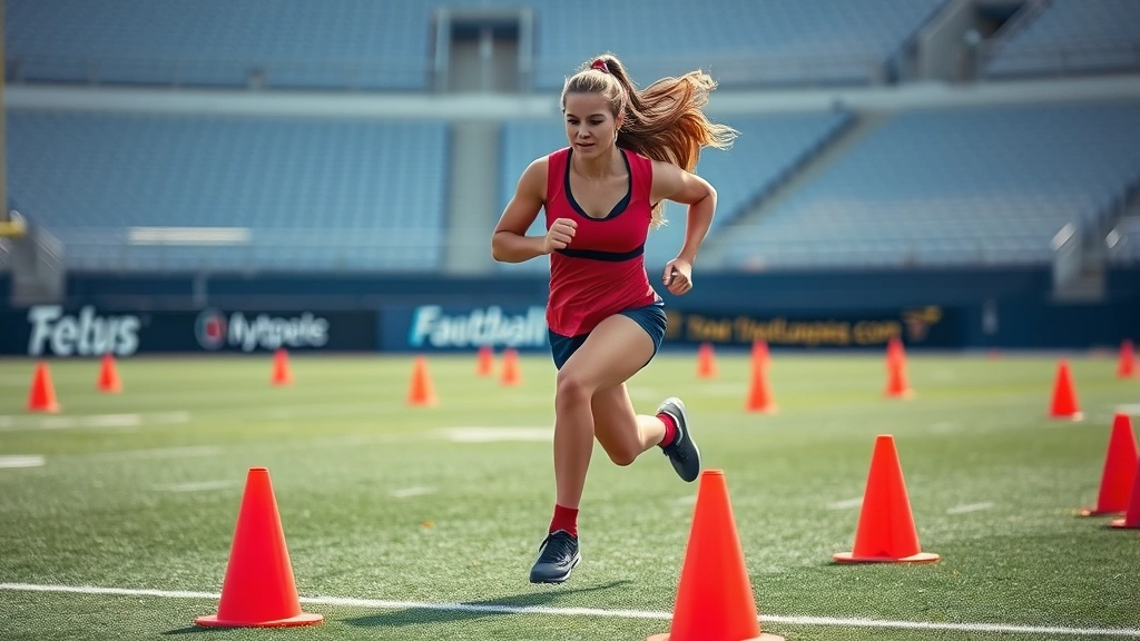 Female football player in conditioning drill doing shuttle sprints between cones, athletic movement captured mid-sprint, stadium background, action shot