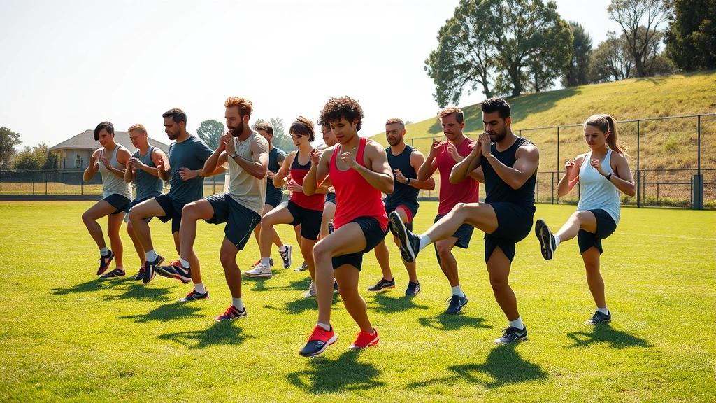 Mixed group of athletes performing HIIT workout on grass field, executing high knees drill, synchronized movement, natural daylight, motivational energy