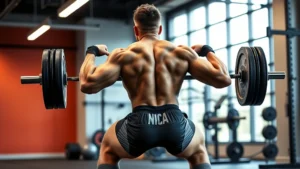 Muscular collegiate football player performing heavy back squat with barbell in modern strength training facility, demonstrating perfect form with deep knee bend and neutral spine, intense focused expression