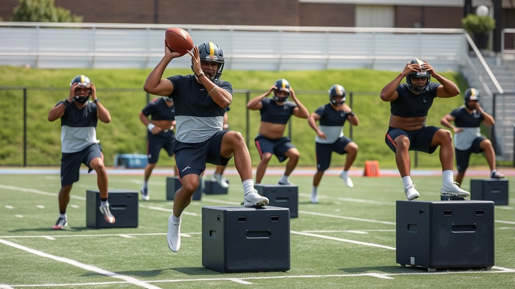 Group of football athletes executing explosive plyometric training with medicine ball slams and box jumps on outdoor practice field during high-intensity conditioning session, dynamic movement captured mid-execution