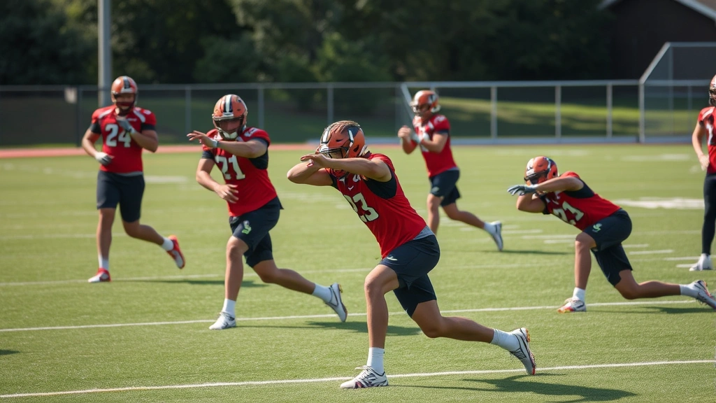 Football players performing dynamic mobility and stretching routine on field with emphasis on hip flexor stretches, shoulder mobility drills, and thoracic rotation movements during recovery session
