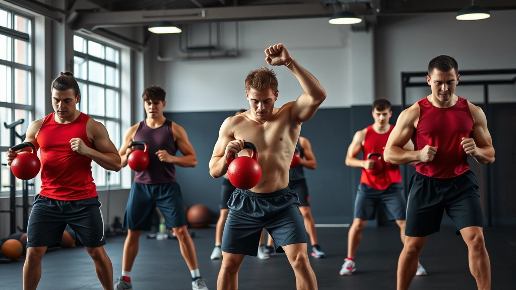 High school football players performing explosive power training with kettlebells and medicine balls in a modern gymnasium, demonstrating athletic intensity and proper form