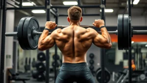 Male college football athlete performing explosive barbell back squat in professional strength training facility with intense concentration and proper form