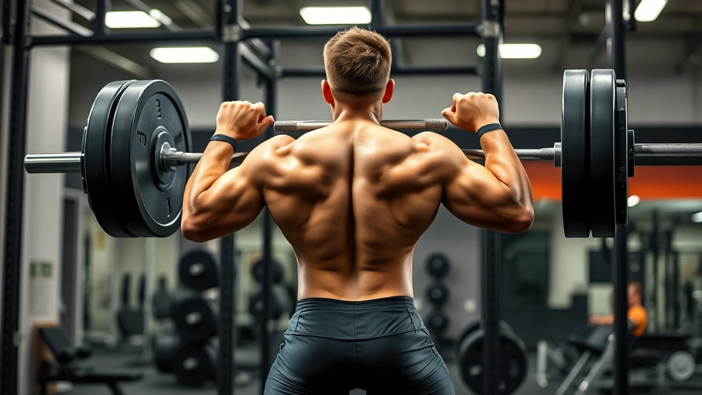Male college football athlete performing explosive barbell back squat in professional strength training facility with intense concentration and proper form