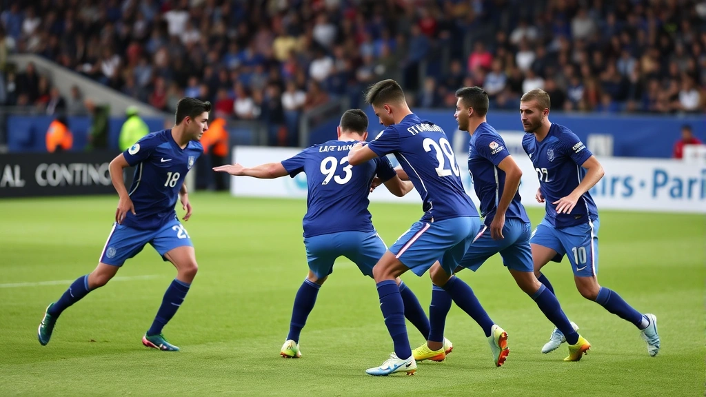 French national team players in blue uniforms executing aggressive pressing formation during high-intensity match moment, tactical positioning visible