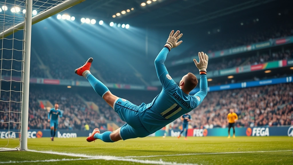 Goalkeeper making crucial diving save during international football match, dramatic action capture, professional stadium setting with crowd blur
