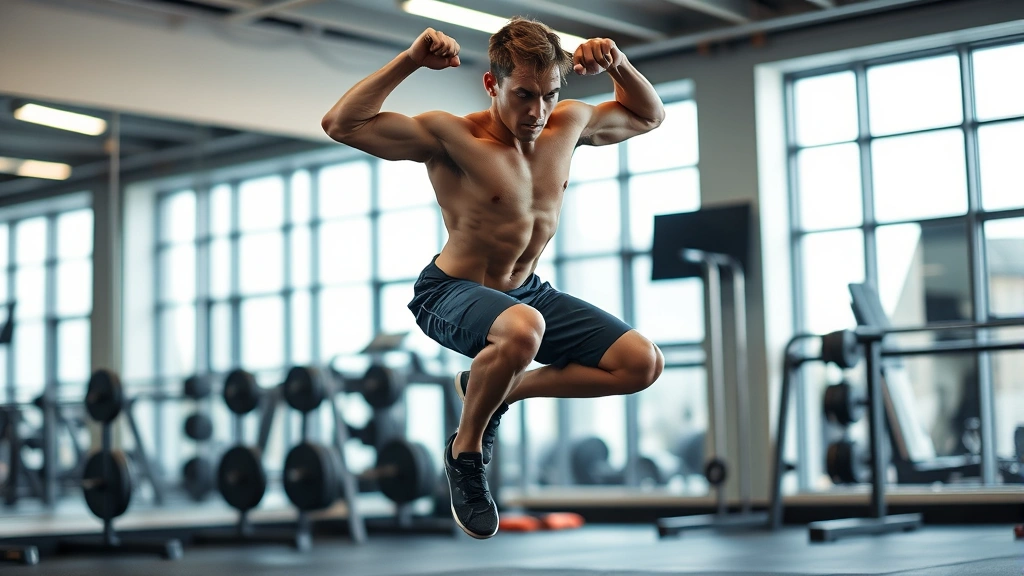 Fit athlete performing explosive burpee movement in modern gym, full body visible, dynamic motion, sweat evident, professional gym setting with mirrors and equipment blurred background