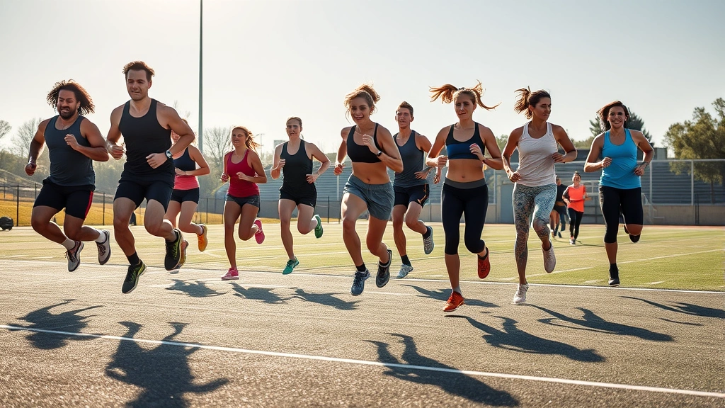 Group of diverse fitness enthusiasts performing high-intensity interval training circuit, jumping, sprinting, and moving with maximum effort, outdoor athletic field, morning sunlight, motivational energy