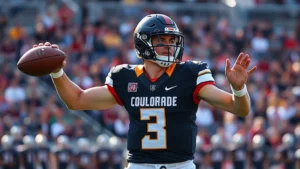 Athletic male college football quarterback in Colorado uniform throwing football downfield with perfect form and mechanics during daytime game, stadium crowd blurred background, dynamic action shot