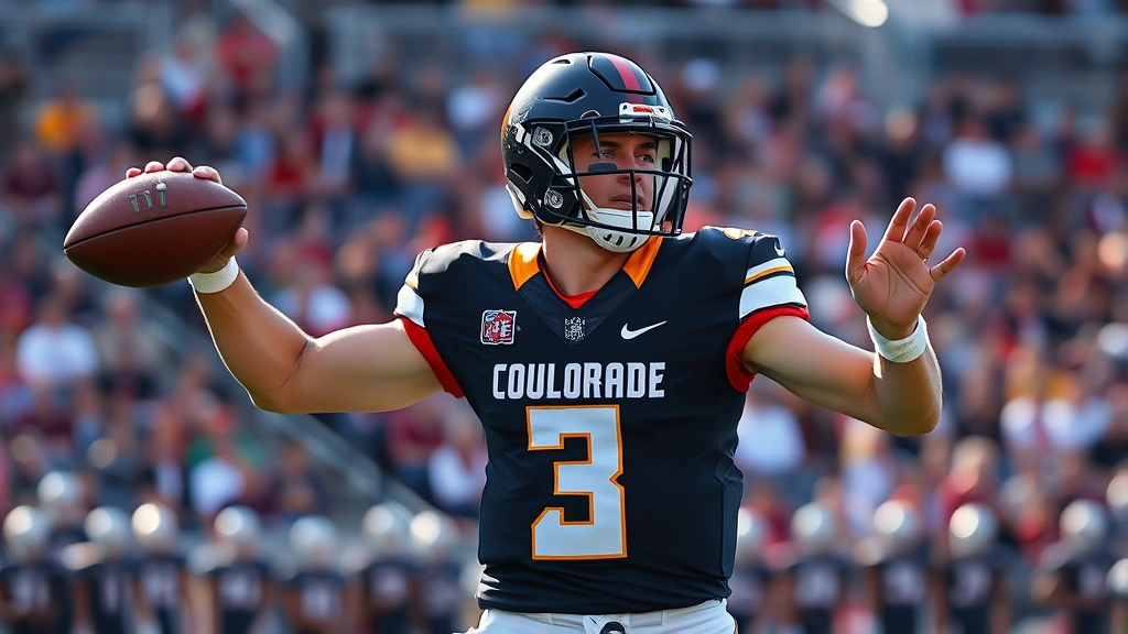 Athletic male college football quarterback in Colorado uniform throwing football downfield with perfect form and mechanics during daytime game, stadium crowd blurred background, dynamic action shot