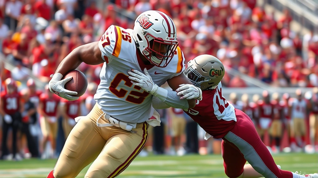 Muscular college football linebacker in CSU uniform executing textbook tackle technique on opposing running back, intense physical contact moment, crowd and field visible background, photorealistic sports action