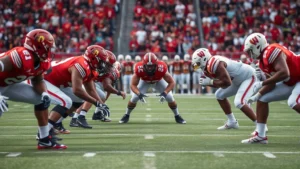 College football defensive line executing gap assignments, players in three-point stance focusing intensely on offensive formation, stadium atmosphere visible in background, professional athletic intensity