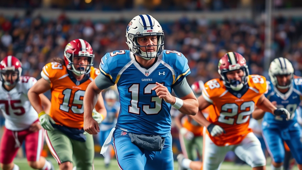 Professional football players wearing custom team jerseys during intense game action, showing vibrant team colors and visible number designs, dynamic athletic movement captured in stadium lighting