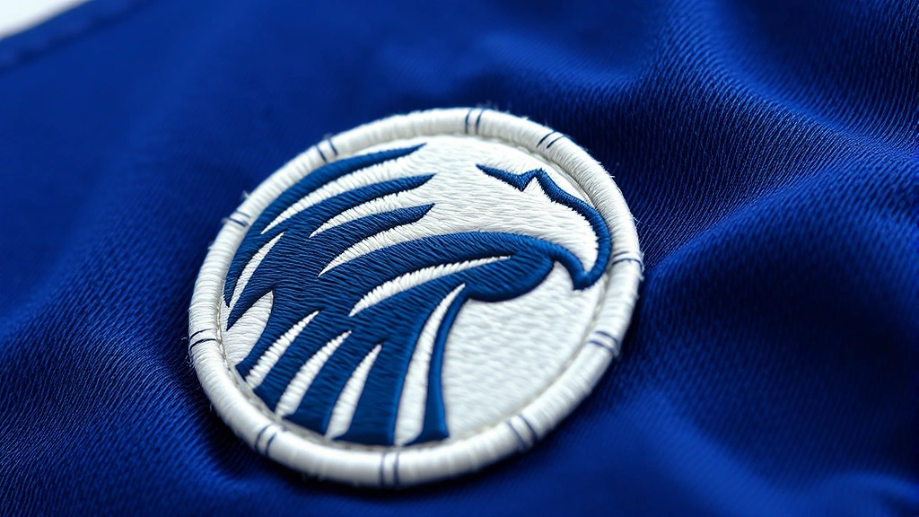 Close-up detail of high-quality embroidered team logo on custom football jersey fabric, showing stitching precision and three-dimensional texture, with polyester mesh fabric visible