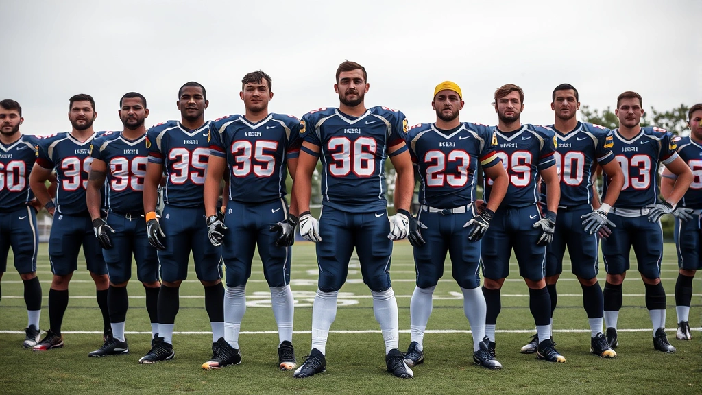 Team of football players in matching custom sublimated jerseys standing together showing unity and professional appearance, various player body types and sizes demonstrating proper jersey fit