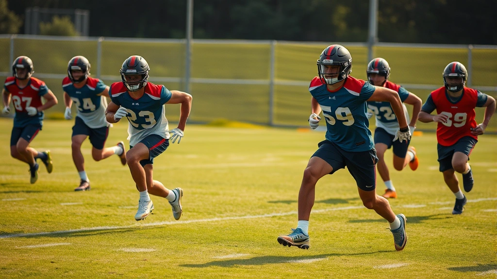 Professional football players performing explosive sprint drills on grass field during intense practice session, athletic wear, dynamic action photography, afternoon lighting