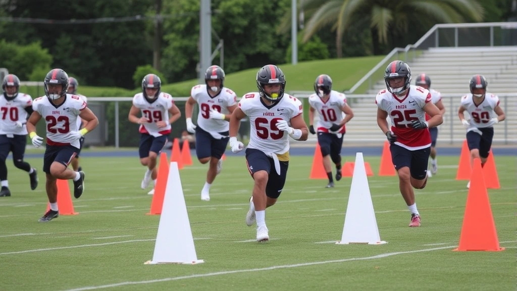 College football team executing high-intensity interval training with cone drills, multiple players changing direction rapidly, athletic field setting, competitive training atmosphere