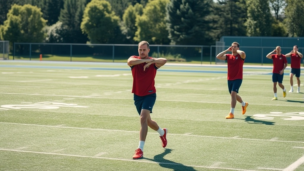 Football athletes performing dynamic stretching and mobility work on field after practice, flexibility training, recovery protocols, outdoor sports facility