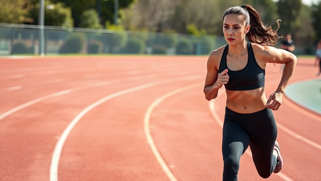 Athletic woman performing high-intensity interval training sprints on outdoor track, mid-sprint motion, professional fitness setting, natural daylight, determined expression, athletic wear