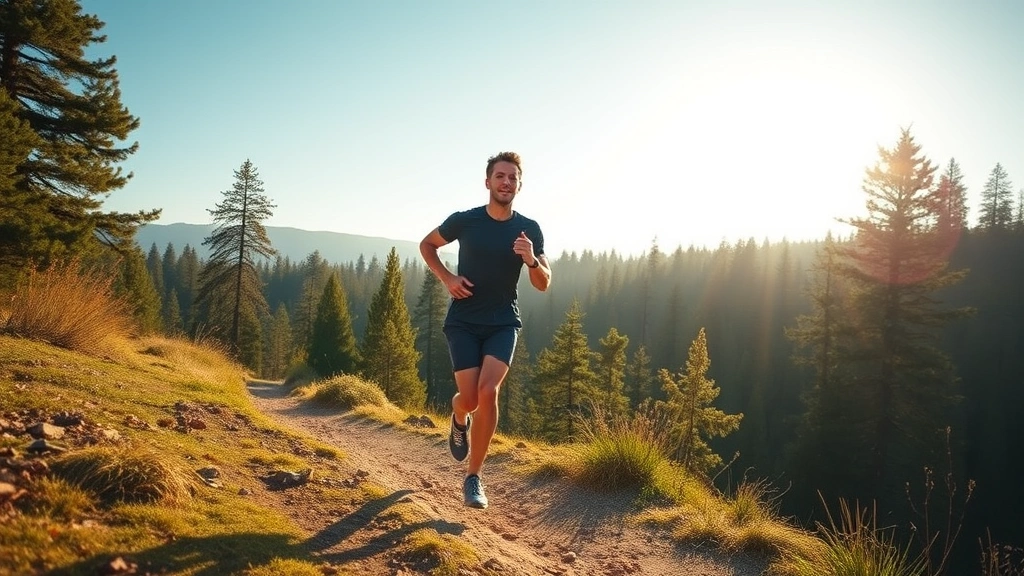Male runner jogging on scenic trail in morning sunlight, steady-state cardio, natural forest background, athletic build, focused determination, realistic fitness photography