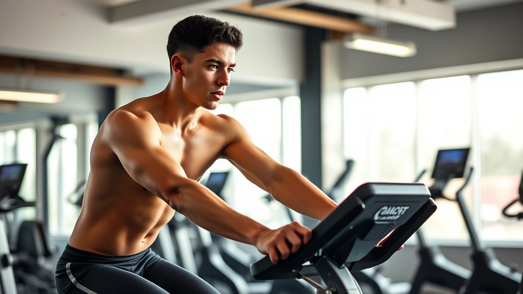 Young fit person on stationary bike in modern gym, intense cardio session, sweat visible, professional gym equipment, focused expression, realistic fitness environment, natural lighting