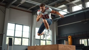 Athletic college football player performing explosive box jump in modern gym setting, focused expression, proper landing mechanics visible, natural lighting from windows