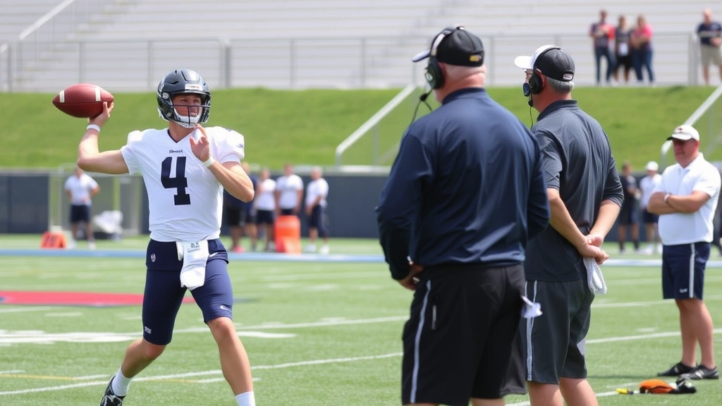Division II quarterback executing throwing mechanics during practice drill, footwork precise, shoulder rotation engaged, receiving feedback from coaching staff on sideline