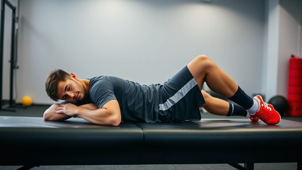 Young football player performing recovery and mobility work, foam rolling lower body on training table, peaceful focused expression, professional training facility environment