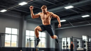 Athletic male football player performing explosive plyometric training jump in modern gym facility with professional lighting, showing muscular definition and intense focus during power development workout