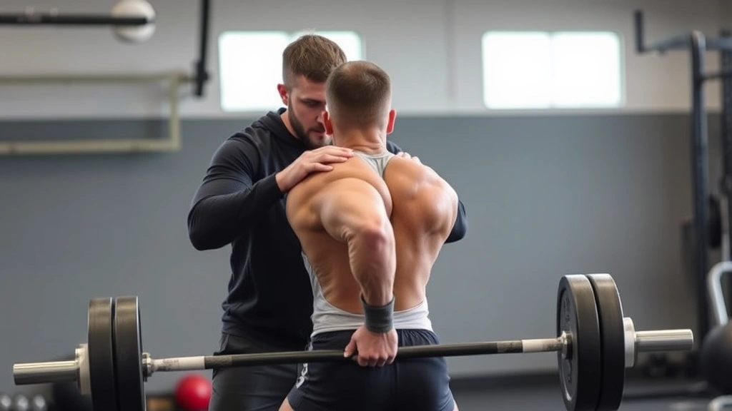 Professional strength and conditioning coach spotting athlete during heavy barbell back squat exercise with proper form, demonstrating advanced resistance training for football player development