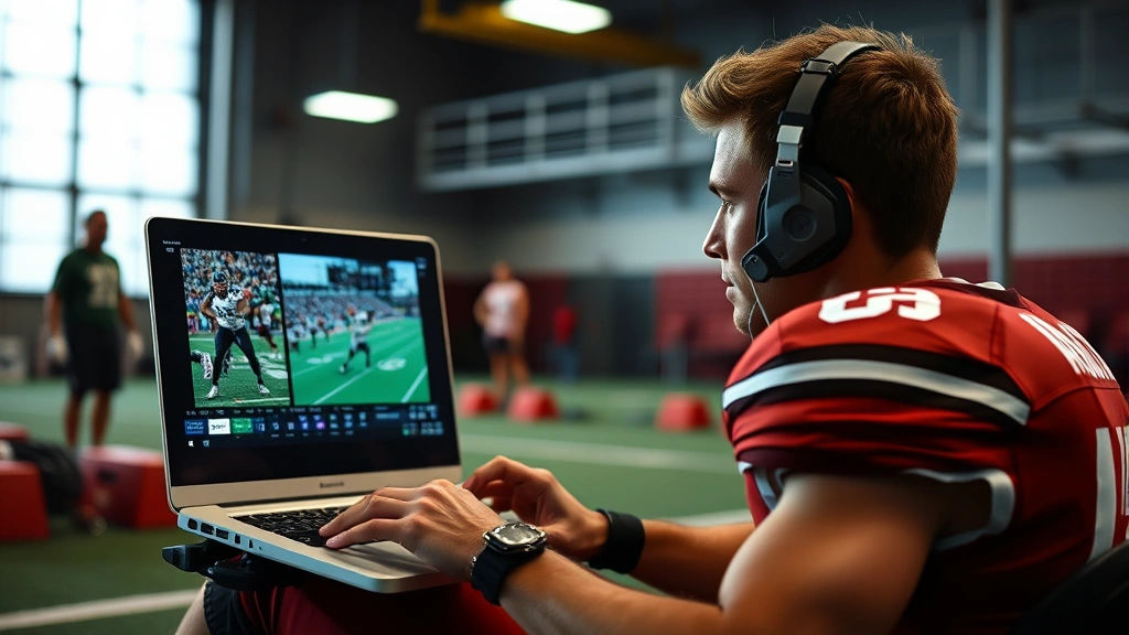 College football player reviewing game film on laptop screen in training facility, analyzing performance footage with focused concentration during professional preparation study session