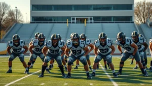 Professional D3 college football team in formation during practice, athletes in defensive stance with focused intensity, outdoor field with modern stadium bleachers in background, morning sunlight, action-ready posture