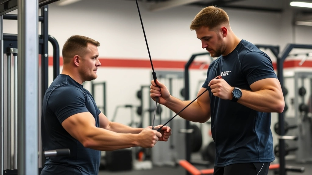 Strength and conditioning coach working with football player on resistance training using cable machine, athletic facility with professional equipment, proper form demonstration, focused athletic development session