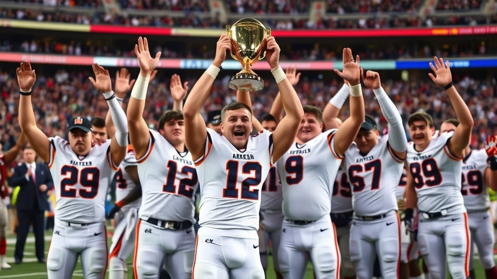 Championship-winning college football team celebrating on field after victory, players in uniform with arms raised in triumph, stadium crowd visible but blurred, authentic emotional celebration moment