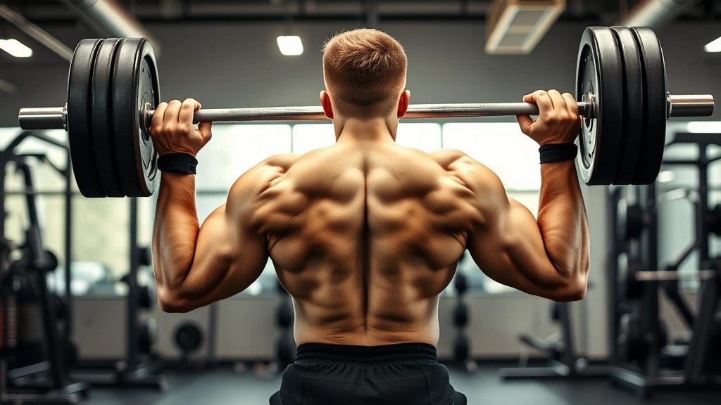 Muscular football player performing heavy barbell back squats in modern weight room with proper form, intense focus, natural gym lighting, no text visible