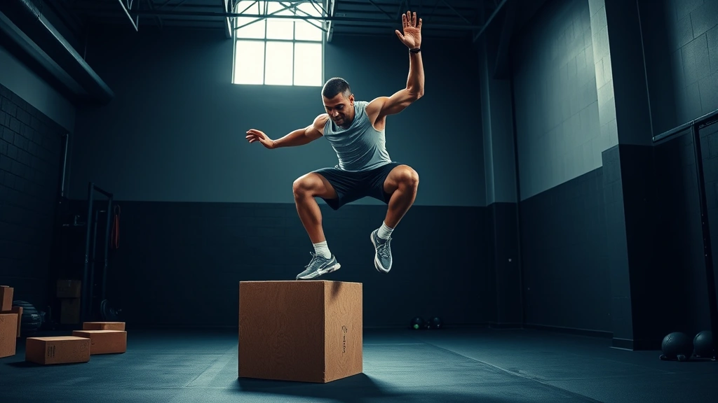 Explosive athletic movement - player executing powerful box jump or vertical leap in training facility, demonstrating dynamic power development, high energy