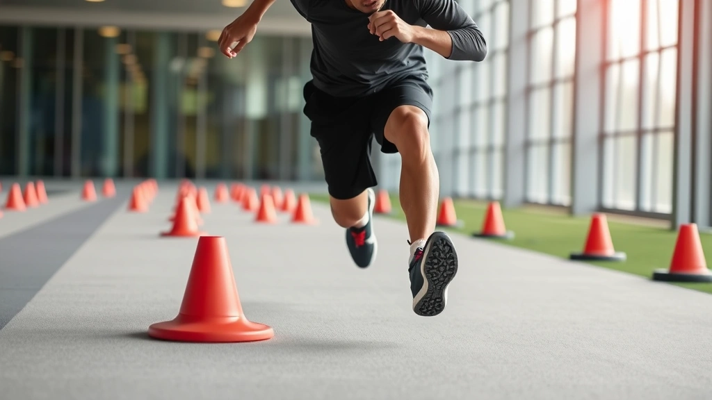 Agility training circuit - athlete performing rapid directional change or cone drill with focused intensity, modern training setup, motion captured mid-movement
