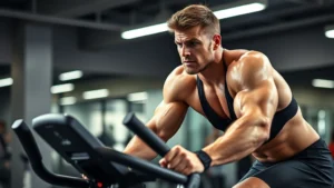 Athlete performing high-intensity interval training on assault bike in modern gym, sweat visible, intense expression, professional lighting
