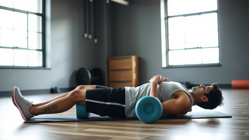 Recovery session showing athlete stretching and foam rolling on gym floor, peaceful environment, focused on flexibility work, natural lighting