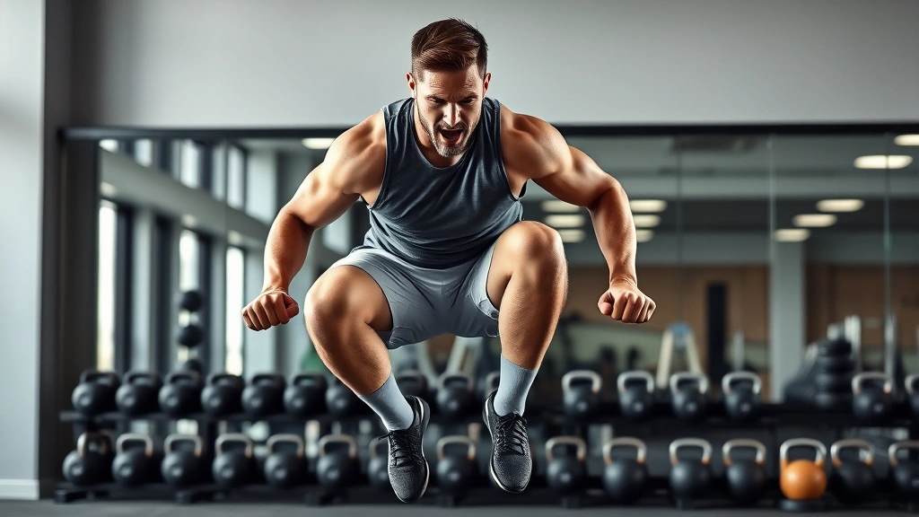Athletic male football player performing explosive box jump in modern gym with dumbbells and kettlebells in background, intense focused expression, athletic wear
