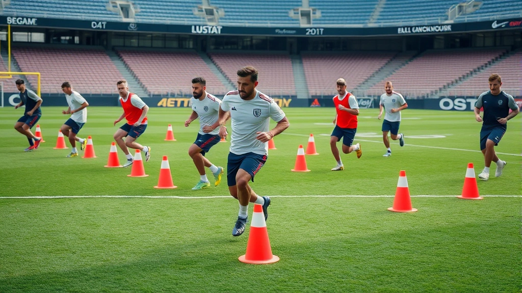 Diverse team of football players performing agility cone drills on grass field during intense conditioning session, speed and movement captured mid-drill, professional stadium setting