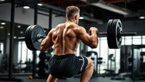 Athletic male performing barbell back squat with perfect form in modern gym, heavy weight loaded, focused expression, professional lighting highlighting leg muscle engagement and control