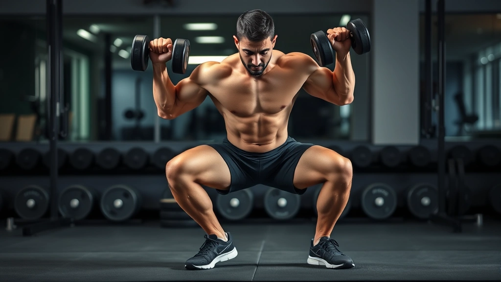 Muscular athlete doing Bulgarian split squat with rear foot elevated, front leg deeply bent, dumbbells held at sides, single-leg stability demonstration, gym background with weights visible