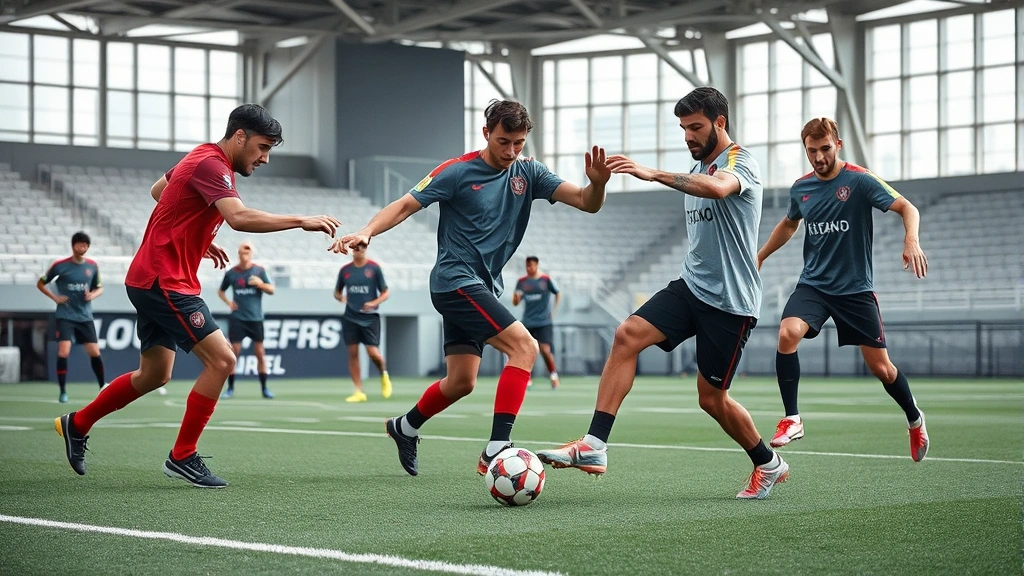 Professional football players executing precise passing techniques during high-intensity training session with focus on footwork and ball control mechanics in modern stadium environment with natural lighting