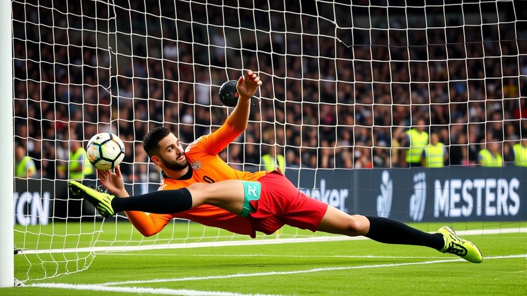 Goalkeeper making dramatic save during competitive match with reflexive positioning and athletic extension showing shot-stopping technique and professional sports performance