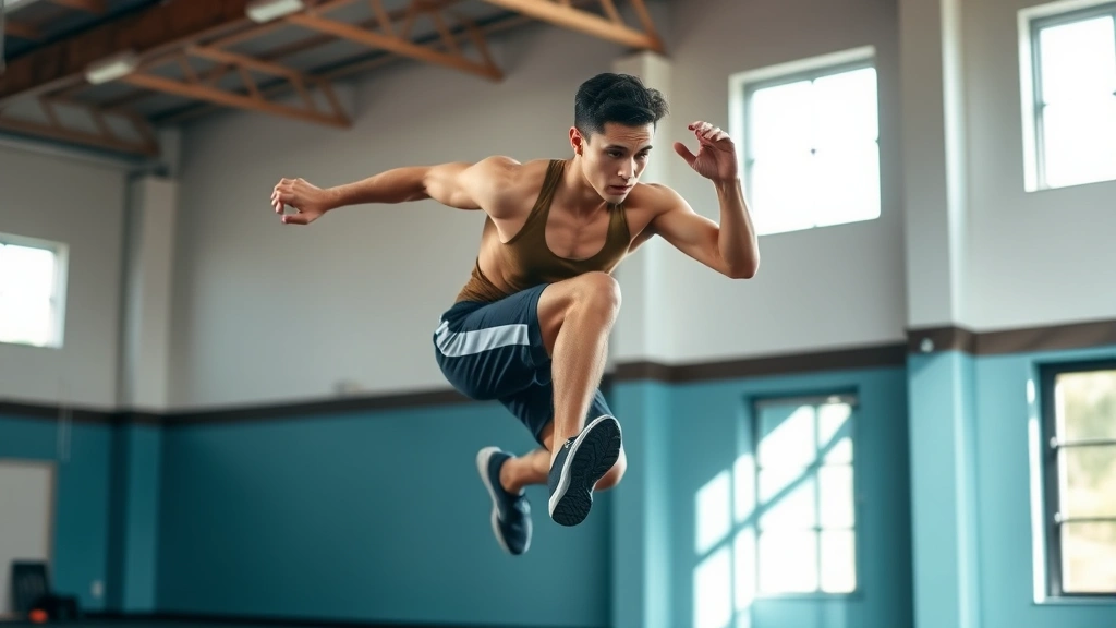 Young male athlete executing explosive box jump with perfect form, dynamic motion captured mid-jump, gymnasium setting with natural light, demonstrating lower body power development