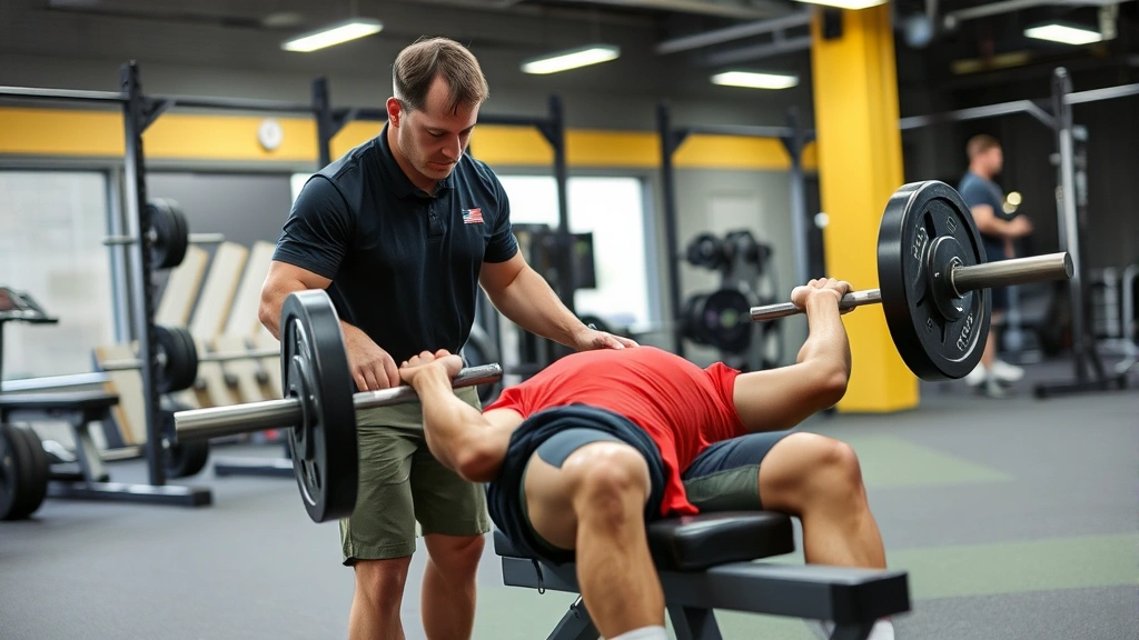 Strength coach spotting football player during bench press exercise, professional coaching environment, proper form demonstration, collegiate training facility with modern equipment visible